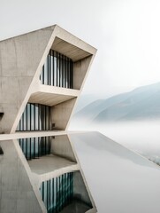 A modern building stands with an angular design, reflecting in a calm infinity pool, surrounded by misty mountains, capturing a serene aesthetic of nature and architecture