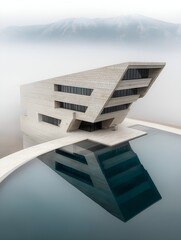 This composition features a striking minimalist building that reflects nature’s character in calm infinity water