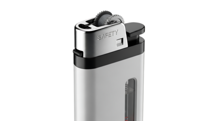 Closeup studio shot of a modern silver metal lighter with chrome details, isolated on transparent background, showcasing its sleek design, functionality, and portable nature