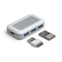 A usb hub with multiple ports and a usb adapter and a sim card tray on a white background surface