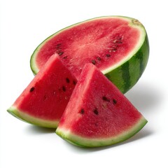 Freshly sliced watermelon pieces with seeds on white background