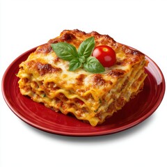 Delicious slice of italian lasagna with fresh basil and tomato garnish on a red plate