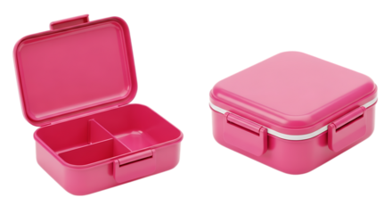 Two pink plastic lunchboxes, one open with compartments and one closed, isolated on transparent background, ideal for school kids and portable food storage