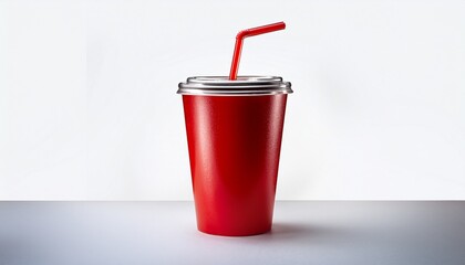 red soft drink cup with straw on white background