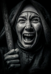 Portrait of a nun screaming
