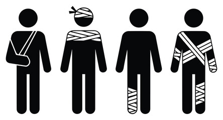 Stick Figures Illustrating Injury Concepts with Arm Sling, Head Bandage, and Leg Cast – Vector Illustration