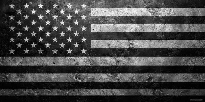 Textured Black and White American Flag with Distressed Stars and Stripes on a Grungy Background