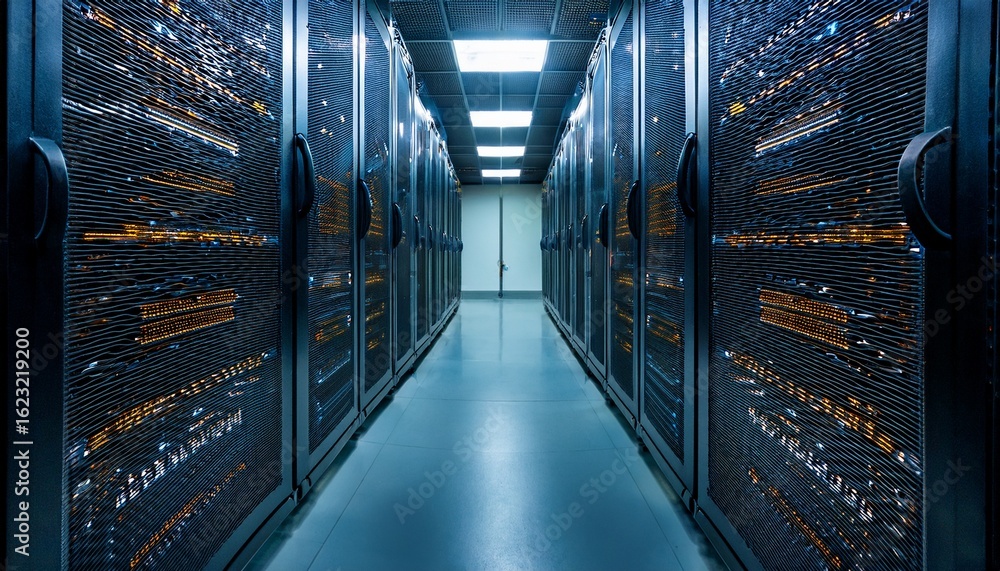 Poster rows of server racks in a data center