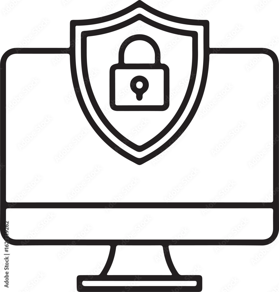 Poster computer screen with shield and padlock icon symbolizing cybersecurity and data protection