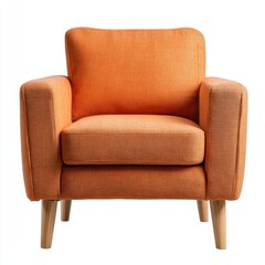 Cozy textured orange armchair with wooden legs on white background