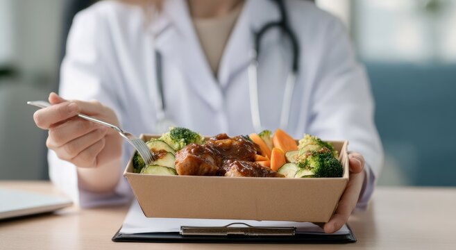 Doctor eating healthy lunch at desk during break