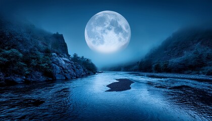 mysterious river flowing through foggy canyon under full moon nature photography serene landscape nighttime