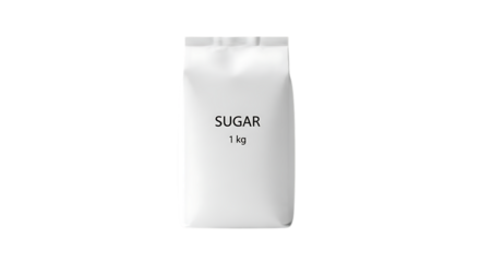 A one kilogram paper bag of white granulated sugar isolated on transparent background, a common sweetener and food ingredient for cooking and baking