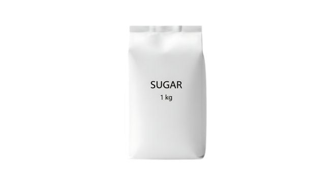 A one kilogram paper bag of white granulated sugar isolated on transparent background, a common sweetener and food ingredient for cooking and baking