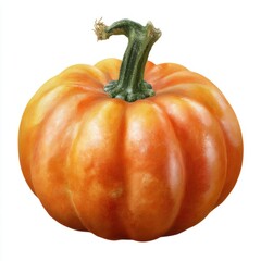 A single ripe orange pumpkin with a green stem isolated on white