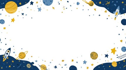 Space themed border, rockets, planets, stars, white background, children's design