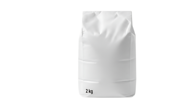 Blank white paper bag of 2kg isolated on transparent background, a simple and clean packaging solution for groceries, retail products, or bulk items, perfect for branding and design