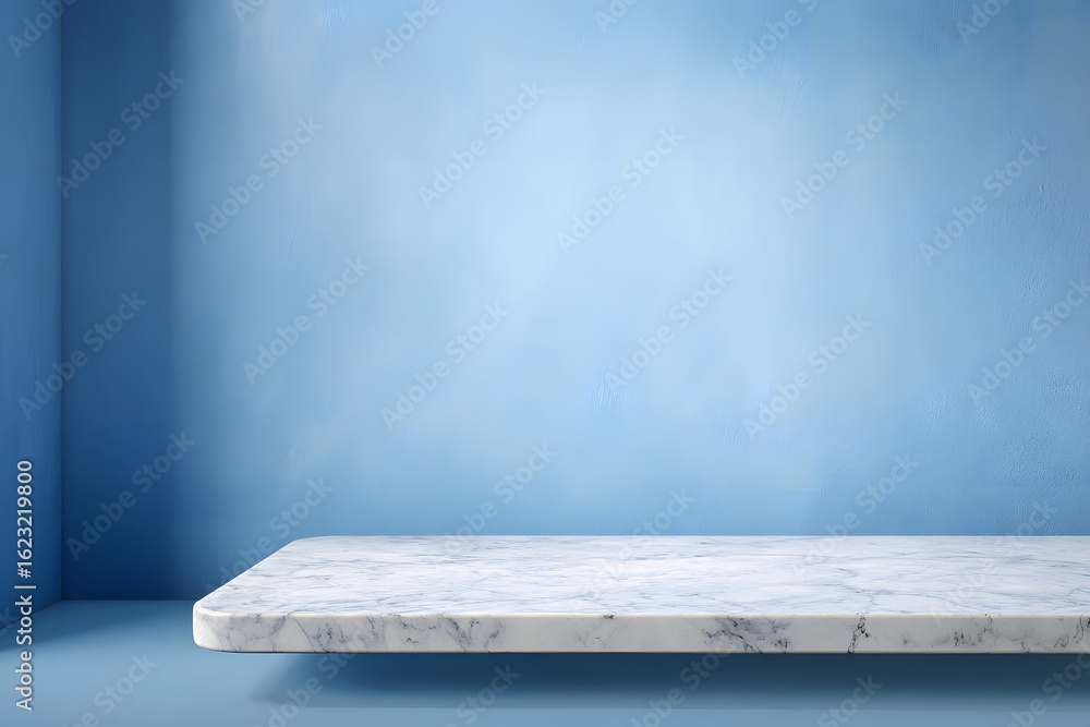Poster white marble table surface in front of a smooth blue wall background with clean lighting and blank c