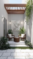 Tranquil courtyard with wooden pergola and seating