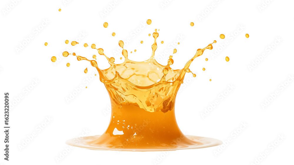 Poster dynamic explosion of vibrant orange liquid creating crown effect, isolated splash with fluid