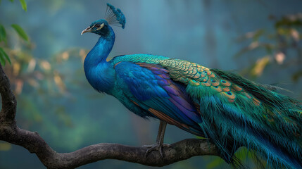 Obraz premium Apeacockdisplayingfeathersunderforestlight