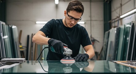 職人技光るガラス研磨 真剣な眼差し 精密な作業