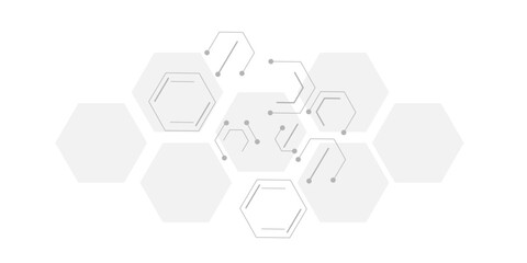 Minimalistic tech background with thin gray hexagonal outlines and dotted connection nodes, creating a futuristic digital network or molecular structure on a clean white backdrop.