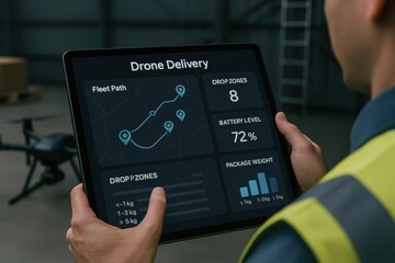 Worker tracking drone delivery route, drop zones, package weight, and battery level on digital fleet interface