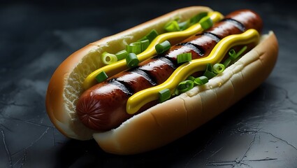 Grilled sausage in bun with mustard and green onions image