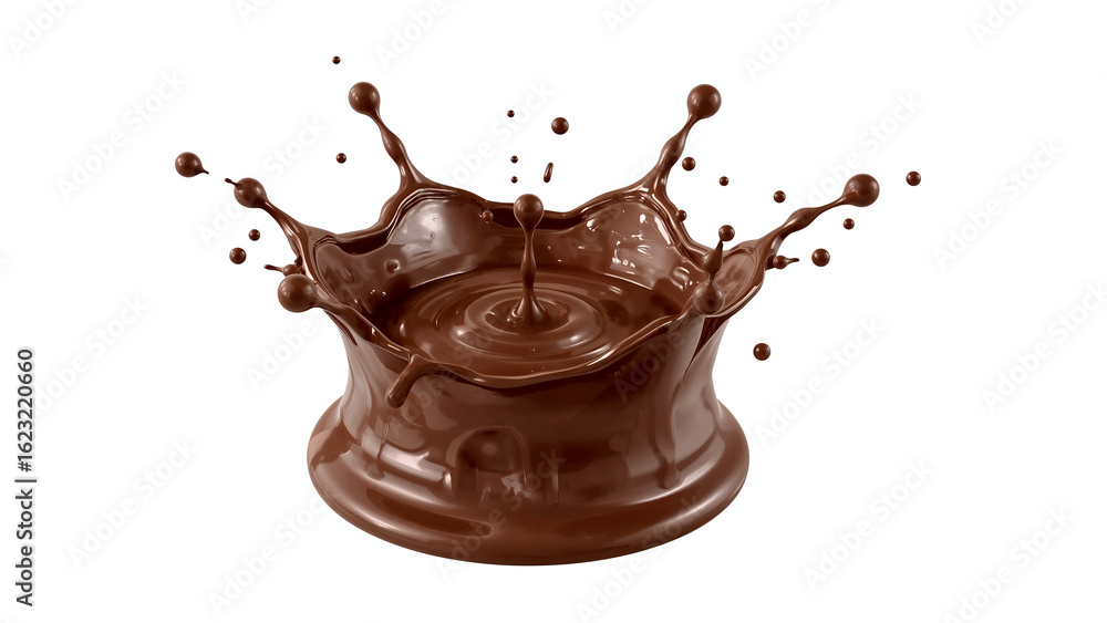 Poster captivating chocolate crown splash with dynamic droplets and ripples on a clean transparent