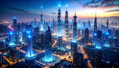 Naklejka premium A cold megastructure pierces the clouds, its emotion-null towers pulsing with silent signals—suppressing thought, memory, and feeling in a world built to erase the human soul.
