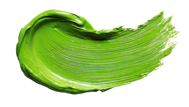 Close-up of a vibrant, lime-green paint stroke.  A thick, textured application swirls and fans out, creating a dynamic mark on a black background.  Visually appealing, bold color