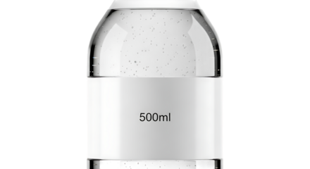 A clear plastic water bottle with 500ml label isolated on transparent background, perfect for showcasing beverage, hydration, and healthy lifestyle concepts in marketing and advertising