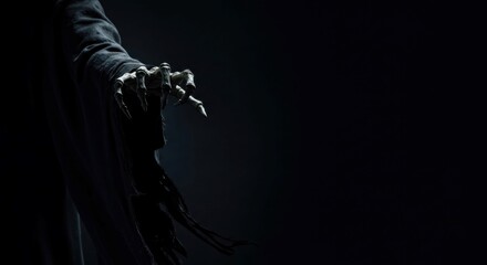 Death-like figure extending arm into the viewer’s space on a black background