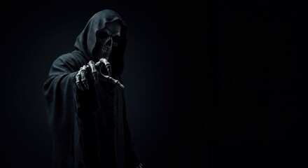 Sinister cloaked death image stretching into foreground with dramatic shadows
