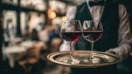 Waiter carrying wine glasses on a tray in a restaurant
