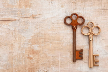 The Passage of Time: New and Old Keys on Wooden Background.