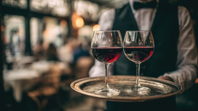 Waiter carrying wine glasses on a tray in a restaurant