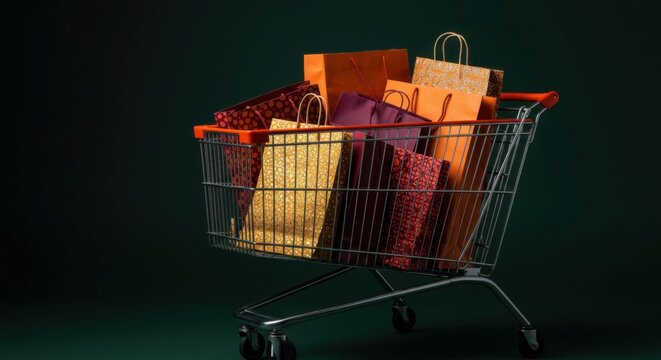 Consumer shopping spree visualized by bright bags in a full cart