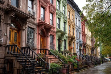 Fototapeta premium Charming New York Brownstone. A Glimpse of Iconic Historic Architecture in Vibrant Manhattan
