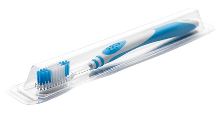 Toothbrush in plastic package isolated on transparent background for dental care, hygiene, and oral health product presentation in studio shot with nobody around