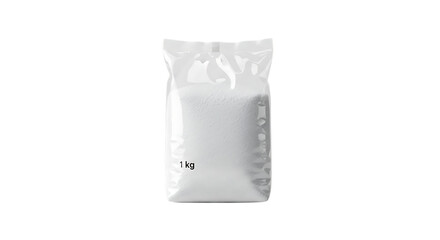 One kilogram of white sugar or salt in a transparent plastic bag isolated on transparent background, perfect for food product mockups and design templates