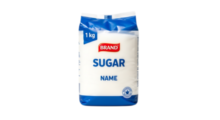 A bag of sugar isolated on transparent background, a sweet ingredient for cooking and baking, providing granulated crystals for adding flavor and energy to desserts