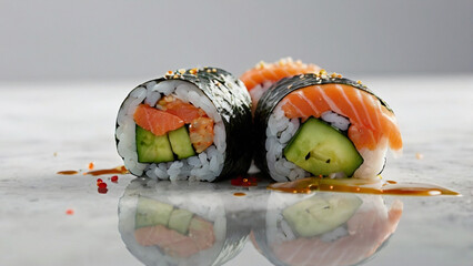 Fresh Salmon Sushi Roll on White Background