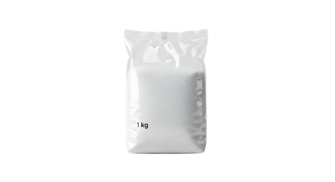 One kilogram of white sugar or salt in a transparent plastic bag isolated on transparent background, perfect for food product mockups and design templates - Powered by Adobe