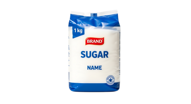 A bag of sugar isolated on transparent background, a sweet ingredient for cooking and baking, providing granulated crystals for adding flavor and energy to desserts