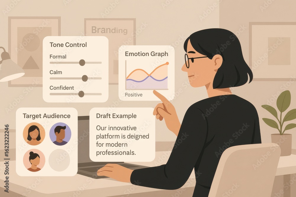 Poster marketer using ai writing assistant to adjust tone sliders, visualize emotion graph, and define targ
