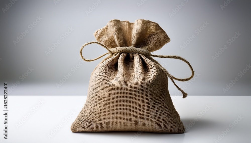 Poster a burlap sack tied with string sits on a white surface in a studio shot with soft lighting