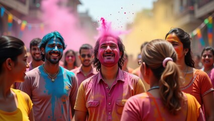 Fototapeta premium Vibrant Holi Celebration with People Covered in Colors Amidst Joyful Festivities