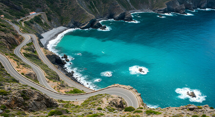 Scenic coastal road winding along turquoise ocean waters
